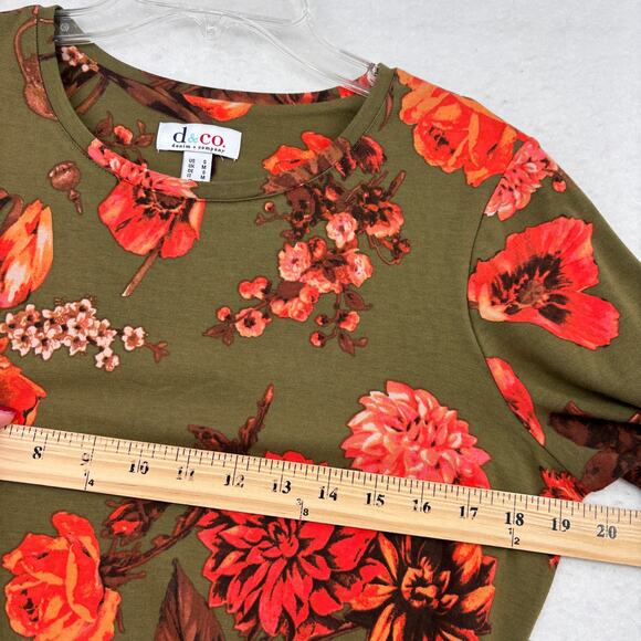 Denim & Co Tunic Size S Olive Green Floral Print Jersey Round Neck Tie Waist - Picture 6 of 9